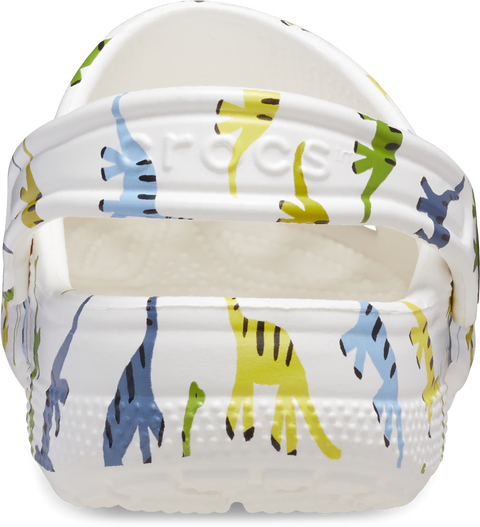 Unisex toddler clogs featuring a playful and colorful dinosaur print