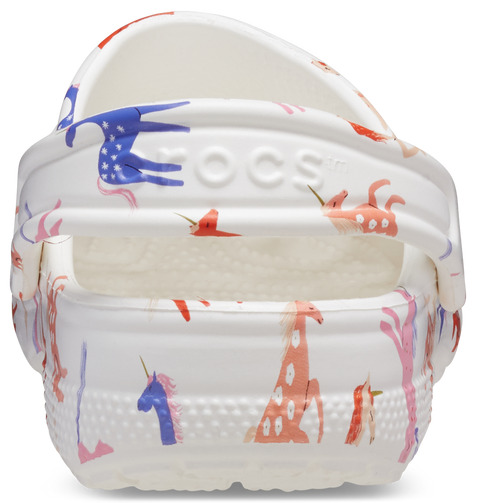 A colorful and playful CROCS TODDLER CLASSIC CHARACTER PRINT CLOG featuring a whimsical Einhorn design in pink and purple for little girls