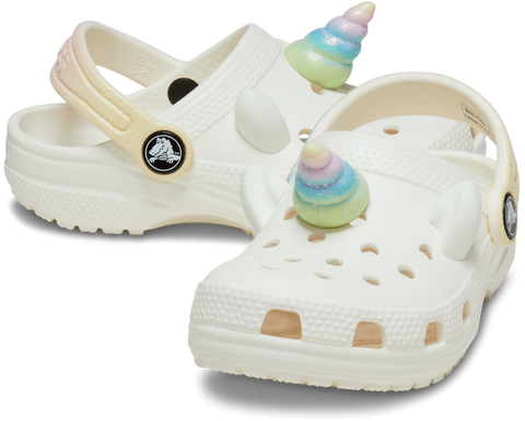 Colorful CROCS Classic Rainbow Unicorn Clog with pink, blue, and purple design