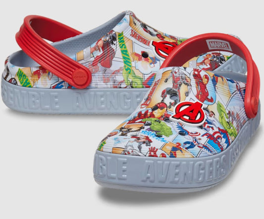 Blue and gray Avengers off court clog with comfortable Crocs design