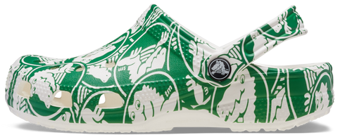 Close-up of white and green Kids' Classic Duke Print Clog with durable and lightweight material