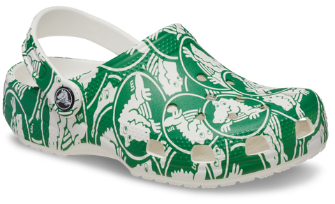 Kids' Classic Duke Print Clog in white and green, front view with logo and ventilation holes