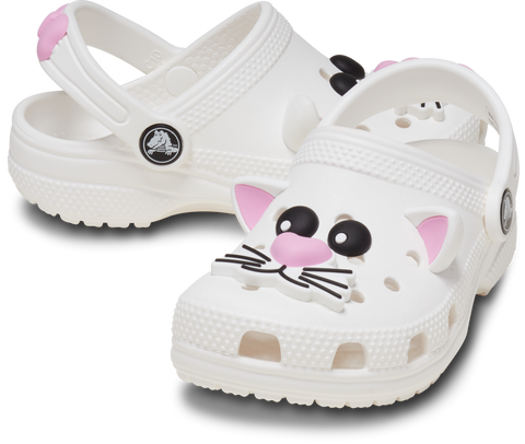 A white CROCS CLASSIC I AM CAT CLOG 210015-1NG featuring a playful cat design