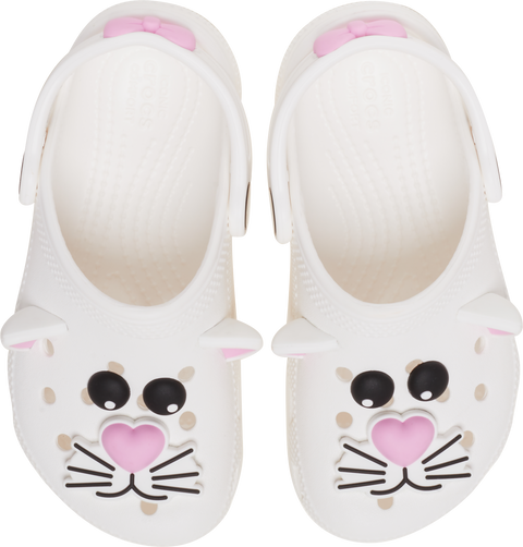 A pair of white CROCS CLASSIC I AM CAT CLOG 210015-1NG shoes featuring a cute cat design