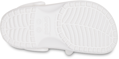 A pair of white Crocs Classic Clogs with a cat design