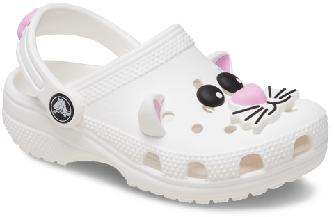 White Crocs Classic I Am Cat Clog with a cute cat print design