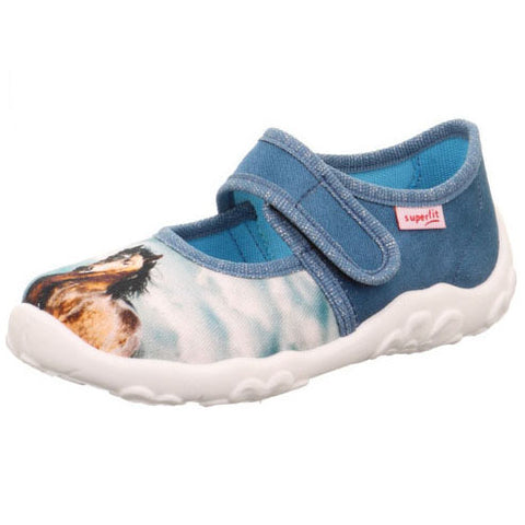 A comfortable and stylish pair of SUPERFIT Hausschuh BONNY 281-804 slippers in blue with a cute horse design