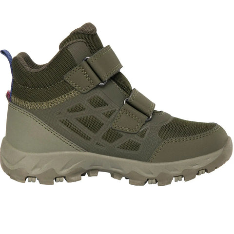 Seitenansicht des VIKING Schuhe Modell TRACK MID WP 2V in olivgrün, Mesh-Obermaterial und Klettverschluss.