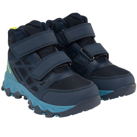 Pair of VIKING TEX Knöchelschuh TRACK MID WP 2V - navy / ocean waterproof hiking shoes on a mossy log in the woods