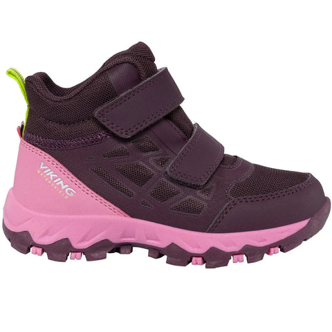 Seitenansicht des VIKING TEX Knöchelschuh TRACK MID WP 2V in lila/pink, Klettverschluss sichtbar