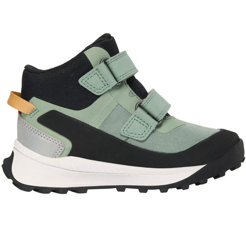 Seitenansicht eines VIKING Knöchelschuh EXPOWER MID 2V in Mint/Schwarz mit Klettverschluss und orangefarbener Rücklasche.