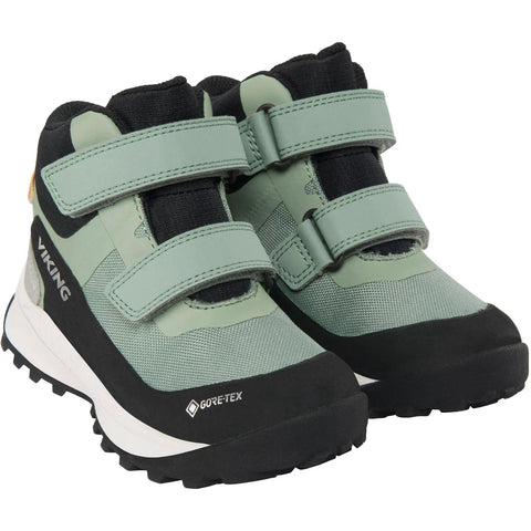Schuhe: VIKING EXPOWER MID 2V Gore-Tex Mint/Schwarz, Detailaufnahme der Vorder- und Seitenansicht mit Klettverschluss