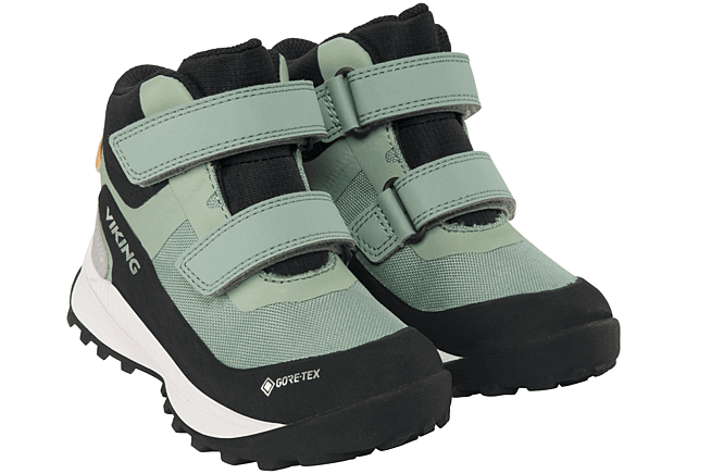 Sechs Bilder des robusten Knöchelschuhs VIKING EXPOWER MID 2V in den Farben mint und schwarz, ideal für anspruchsvolle Arbeiten