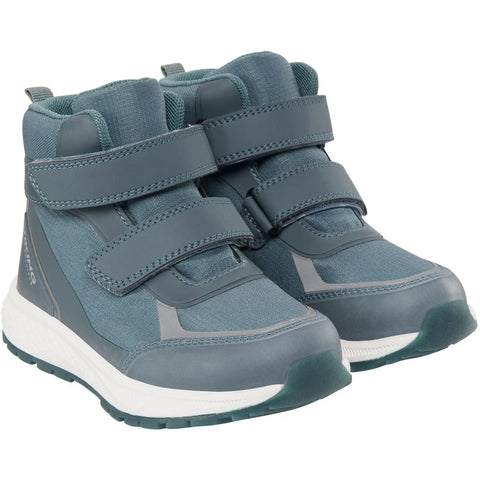 Schuhe: VIKING TEX Knöchelschuh EQUIP GLOW WP 2V, rauchblau, Seitenansicht, Klettverschluss, weiße Sohle