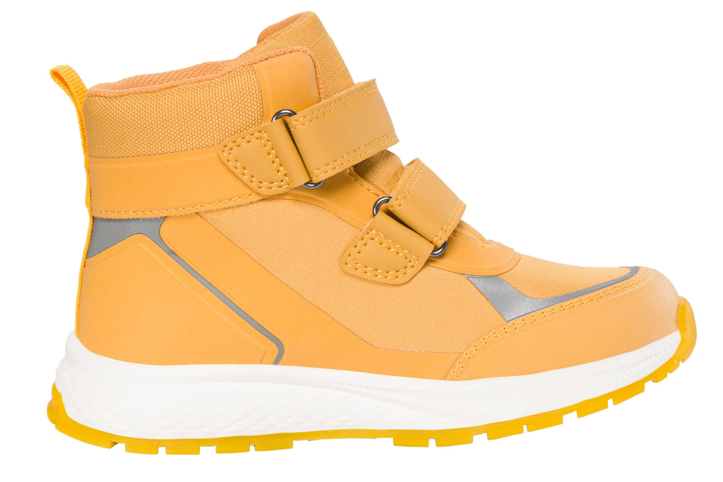 Nahaufnahme des robusten Knöchelschuhs aus wasserdichtem Material in Curryfarbe mit gelben Details