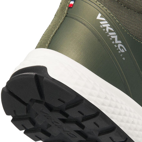 Side view of VIKING TEX Knöchelschuh EQUIP MID WP 1V - oliv boots showcasing rugged sole and traction