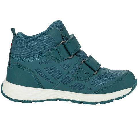 Seitenansicht des Viking VEME MID GTX Petrol Schuhs aus petrolblauem Mesh mit Klettverschluss, weißer Sohle.