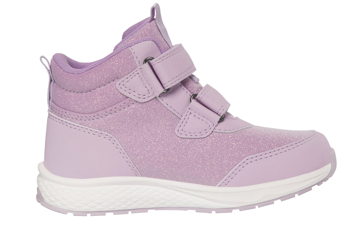 Lila Knöchelschuh mit Glitzerelementen und robustem Material, ideal für nasse Bedingungen