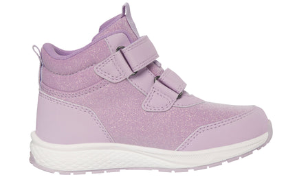 Lila Knöchelschuh mit Glitzerelementen und robustem Material, ideal für nasse Bedingungen