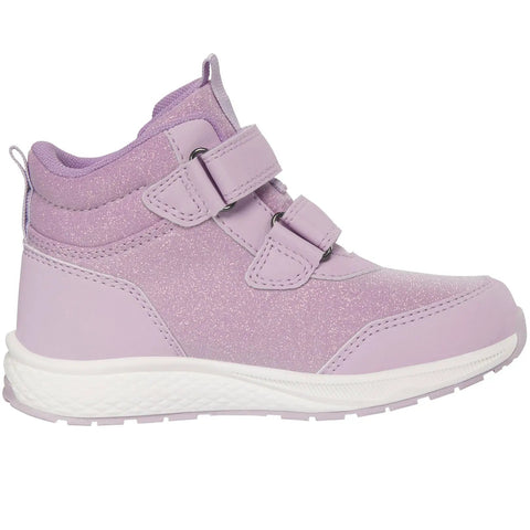 Schuhe: Viking TEX Knöchelschuh BOUNCY MID WP 2V in lila Glitzer, zwei Klettverschlussriemen, weiße Sohle