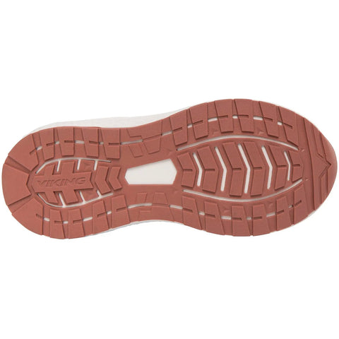 Unterseite eines VIKING TEX Knöchelschuh BOUNCY MID WP 2V; pinke Sohle mit Profil, Viking-Logo.