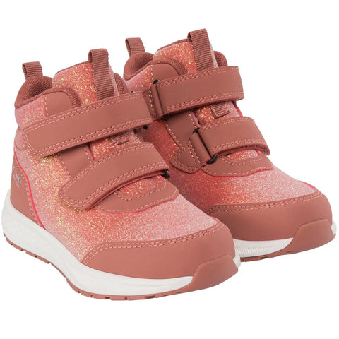 Vorderansicht: VIKING TEX Knöchelschuh BOUNCY MID WP 2V, pink-glitzernd, Klettverschluss, weiße Sohle.