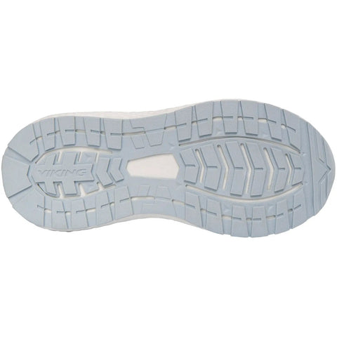 Unteransicht des Viking TEX Knöchelschuh BOUNCY MID GTX 2V in dunkelblau, hellblaue profilierte Sohle mit Logo