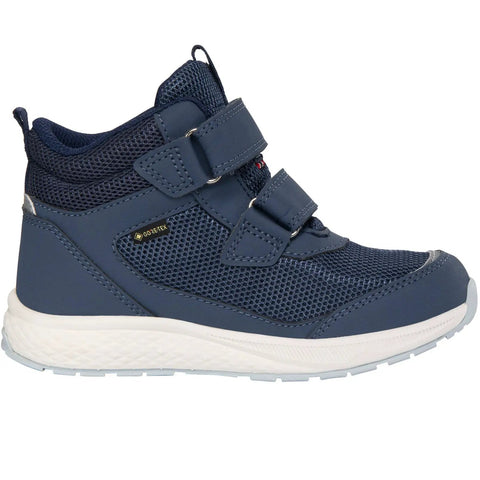 Seitenansicht des Viking TEX Knöchelschuh BOUNCY MID GTX 2V in dunkelblau mit Mesh-Obermaterial, weiße Sohle.
