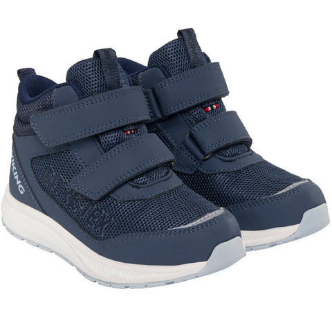 Seitliche Ansicht: Viking TEX Knöchelschuh BOUNCY MID GTX 2V, dunkelblau, zwei Klettverschlüsse, Mesh-Obermaterial.