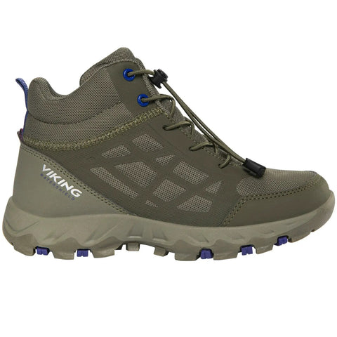 Seitenansicht des VIKING TEX Knöchelschuh TRACK MID SL in Oliv-Blau; blaue Ösen, grobe Profilsohle.