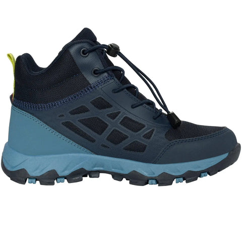 Seitenansicht des navy/denim VIKING TEX Knöchelschuh TRACK MID SL mit gelb-grüner Zuglasche und grober Profilsohle.