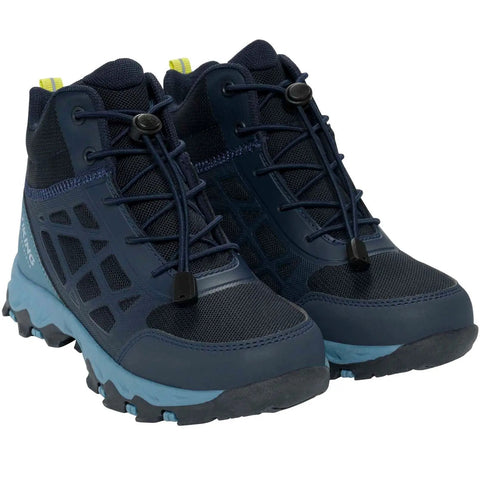 Schuhpaar Viking TEX Knöchelschuh TRACK MID SL in Navy/Denim; hoch geschnittene Wanderschuhe mit Schnürung und gelber Zuglasche.