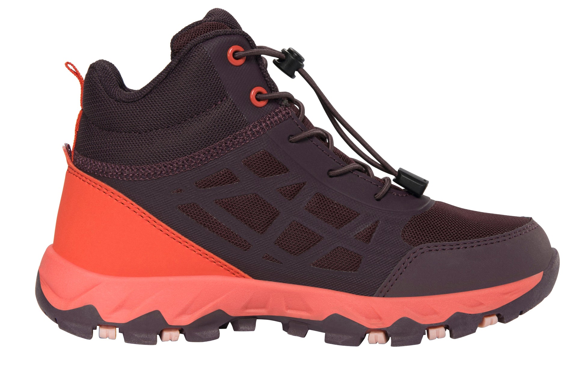 Nahaufnahme des robusten Knöchelschuhs VIKING TEX TRACK MID SL in pflaume und rot, ideal für anspruchsvolle Wetterbedingungen