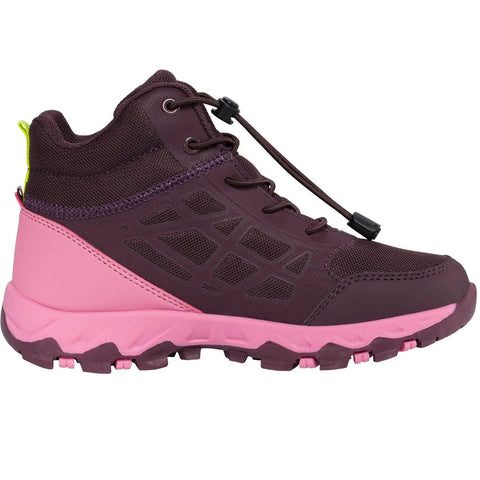 Seitenansicht des Viking TEX Knöchelschuh TRACK MID SL in Pflaume/Pink; dunkles Obermaterial, pink Sohle.