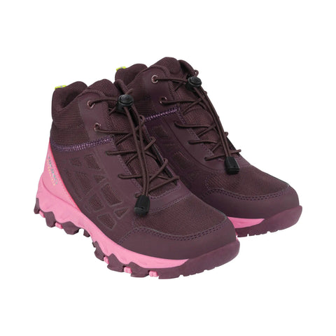 Oberansicht der VIKING TEX TRACK MID SL Knöchelschuh in pflaume/pink; sichtbare Schnürung.