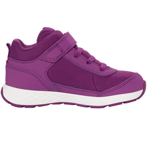 Seitliche Ansicht des Viking FUN MID GTX 1V Schuhs in fuchsia, Textil-Obermaterial, Klettverschluss und weiße Sohle