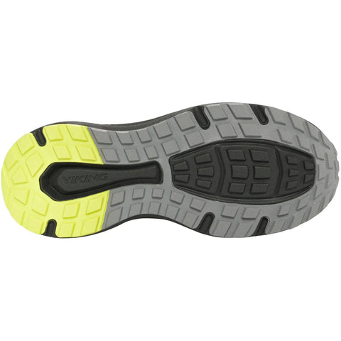 Detailaufnahme der Sohle des VIKING TEX FLOW MID WP 1V Schuhs – Schwarz, mit gelb Neon-Akzenten und grauen Blöcken