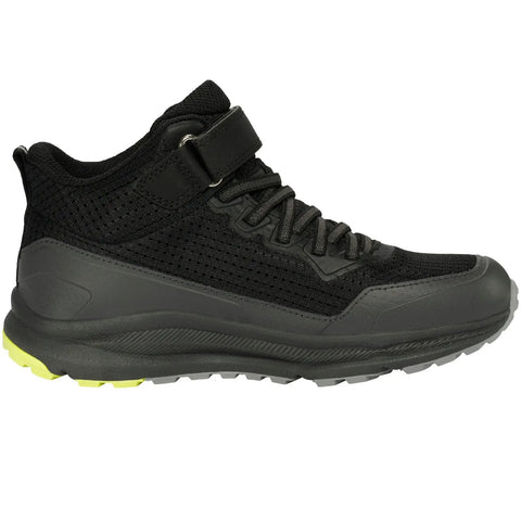 Schuhe: Seitenansicht eines schwarzen VIKING TEX Flow Mid WP 1V; Mesh-Obermaterial, Schnürung, gelb-grüne Sohle