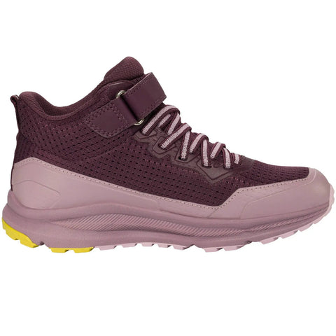 Seitenansicht: VIKING TEX FLOW MID WP 1V Schuh in Pflaume; burgunder Mesh-Obermaterial, Klettverschluss, Schnürung, rosa Sohle.