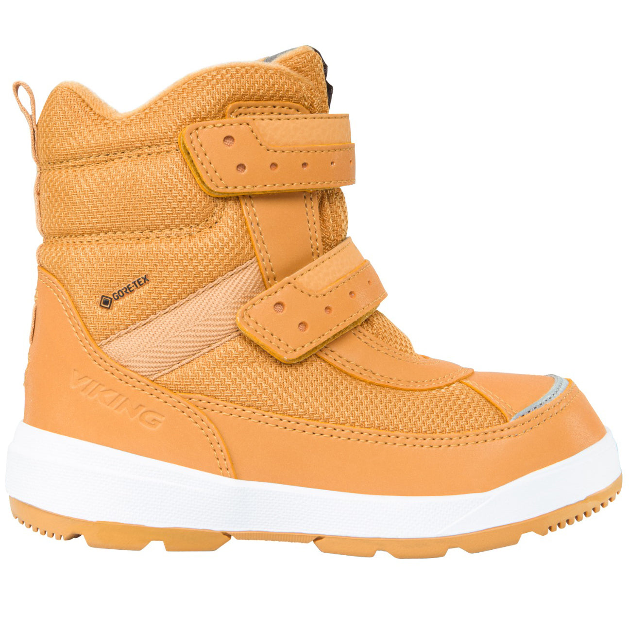 Dicker, wasserdichter Viking GORE-TEX Stiefel PLAY REFLEX WARM GTX in Curry mit Klettverschluss, reflektierend im Dunkeln, aus Funktionstextil und Nubukleder, mit Wollgemisch-Innensohle, herausnehmbar und waschbar bei 30°