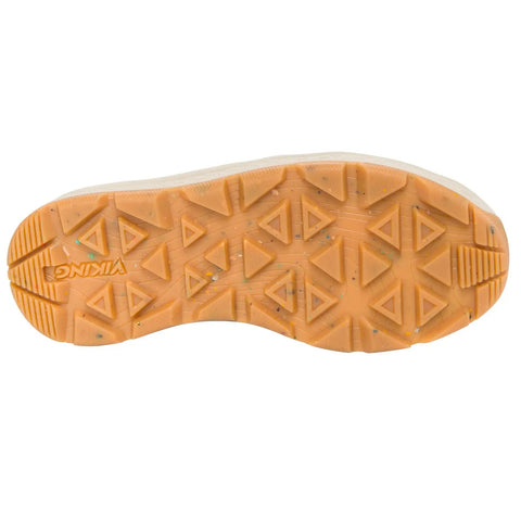 Schuhe: Unteransicht der Sohle eines VIKING Modells; orange-braune Gummi-Laufsohle mit Dreiecksprofil, Logo sichtbar
