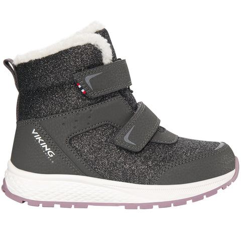 VIKING TEX Knöchelschuh EQUIP WARM WP 2V - anthrazit / flieder / Glitzer - A durable and stylish ankle boot in anthracite and lilac with glitzy details, designed to keep your feet warm and dry