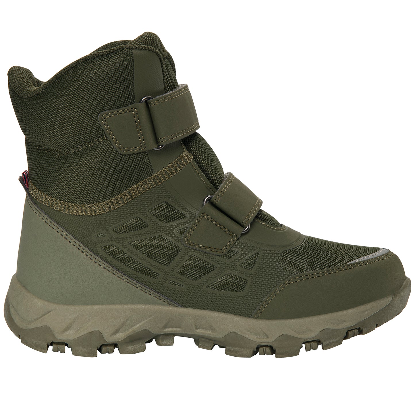 Nahaufnahme des Olivenfarbenen VIKING TEX TRACK WARM WP 2V Stiefels mit texturierter Oberfläche