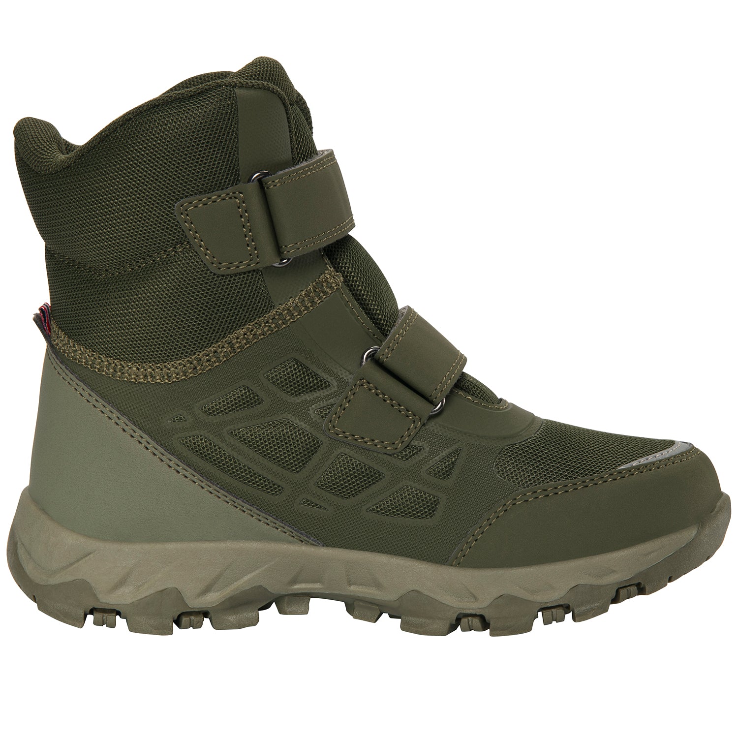 Nahaufnahme des Olivenfarbenen VIKING TEX TRACK WARM WP 2V Stiefels mit texturierter Oberfläche