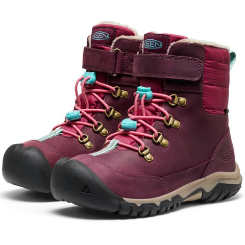 Hochwertiges Material und farbige Akzente des KEEN WP TEX KANIBOU Stiefels in beere, pink und türkis