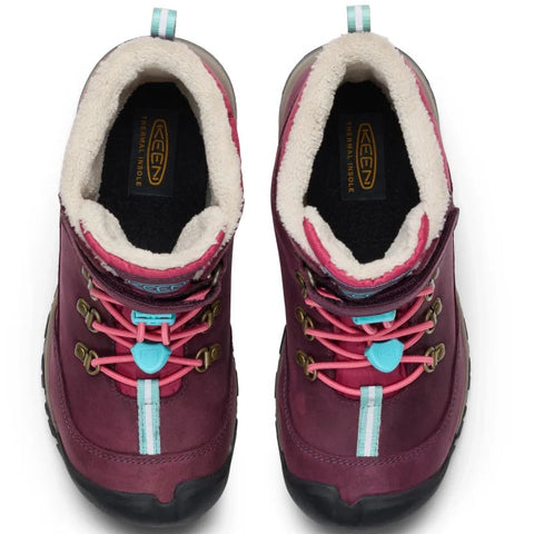 Vorderansicht des KEEN WP TEX Stiefels KANIBOU in beere, pink und türkis, ideal für Outdoor-Aktivitäten