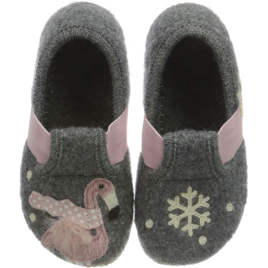 LIVING KITZBÜHEL Hausschuh 3623-610 in grey with a fun flamingo design, perfect for cozy indoor wear