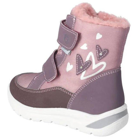 Seitenansicht des RICOSTA Stiefels LUNEA in Flieder/Lila; Velcro-Verschluss, pinkes Fellfutter, weiße Sohle.
