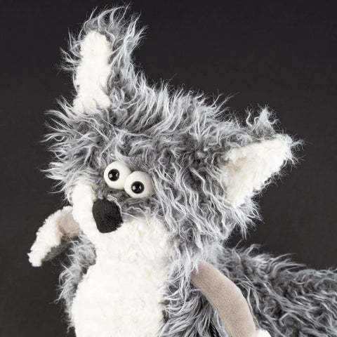 Vorderansicht des Sigikid BEASTS Copy Cat Stofftier; grau-weiß flauschiges Fell, große Augen