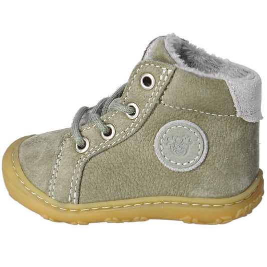 RICOSTA Knöchelschuh GEORGIE eukalyptus hellgrau children's shoe on white background with green and gray accents